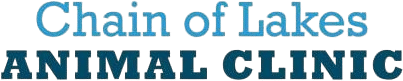 Logo for "Chain of Lakes Animal Clinic" with "Chain of Lakes" in light blue and "ANIMAL CLINIC" in bold, dark blue capitals, perfect for a veterinarian or vet clinic.