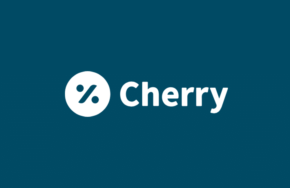White circle with a percentage symbol inside, followed by the word "Cherry" in bold white text, all set against a solid teal background.