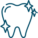 Simple line drawing of a tooth with three sparkle icons around it, representing cleanliness or dental health.