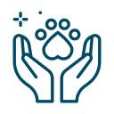 Line drawing of two hands gently cupping an abstract paw print with a heart-shaped pad, symbolizing care and protection for animals, on a light background.