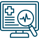 A line drawing of a computer monitor displaying a medical cross, horizontal lines, and a heartbeat line under a magnifying glass, representing digital health or medical analysis.