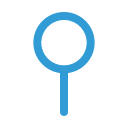 A simple blue magnifying glass icon on a light gray background.