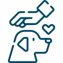 Line drawing of a hand reaching down to pet a dog, with a heart symbol near the dog's face, representing affection or care for pets.