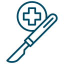 A line drawing of a surgical scalpel in front of a circle with a medical cross inside, representing surgery or medical procedures.
