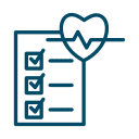 Icon of a checklist with three checked boxes, with a heart and heartbeat line symbol above it, representing health or medical assessment.