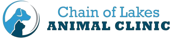 Logo for Chain of Lakes Animal Clinic featuring a blue outline of a dog and a cat inside a circle, highlighting the trusted care of your local veterinarian, with the clinic name in blue and dark blue bold text to the right.