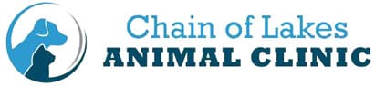 Logo for "Chain of Lakes Animal Clinic" featuring blue text and a circular icon with silhouettes of a dog and a cat facing left, highlighting expert veterinarian care.