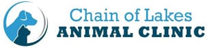 Logo for Chain of Lakes Animal Clinic featuring blue silhouettes of a dog and a cat inside a circular outline, with the vet clinic name in blue and black text to the right.