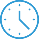 A blue outline of a simple analog clock showing the time as 4:00, with hour, minute marks, and hands on a light background.