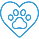 A blue outline of a heart with a blue paw print in the center, symbolizing love for animals or pets.