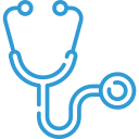 Simple blue line drawing of a stethoscope on a light background, symbolizing healthcare or medicine.